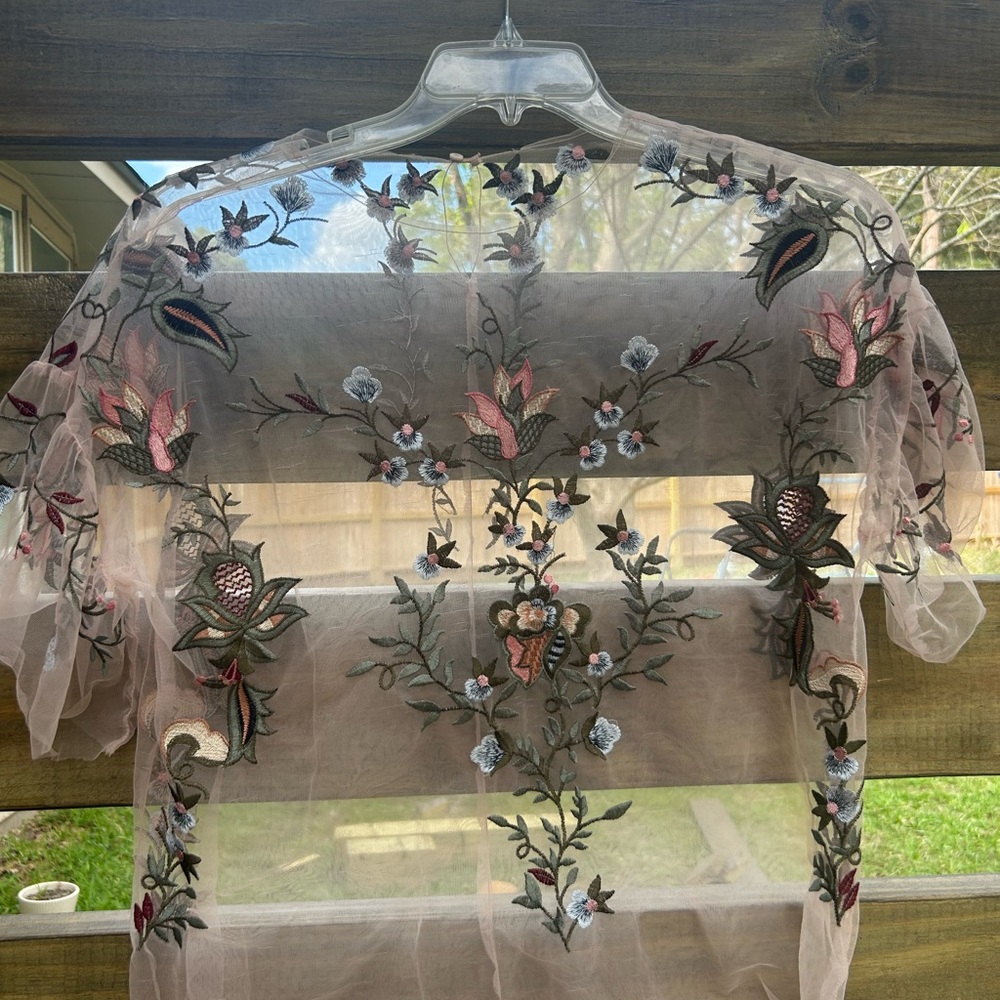 Zara sheer  Embroidered Floral tulle Top - Pink & Green
